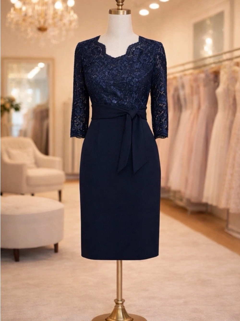 Alex Evenings Navy Lace Tie Waist Midi Dress Sheath 3/4 Sleeve 6 NWT